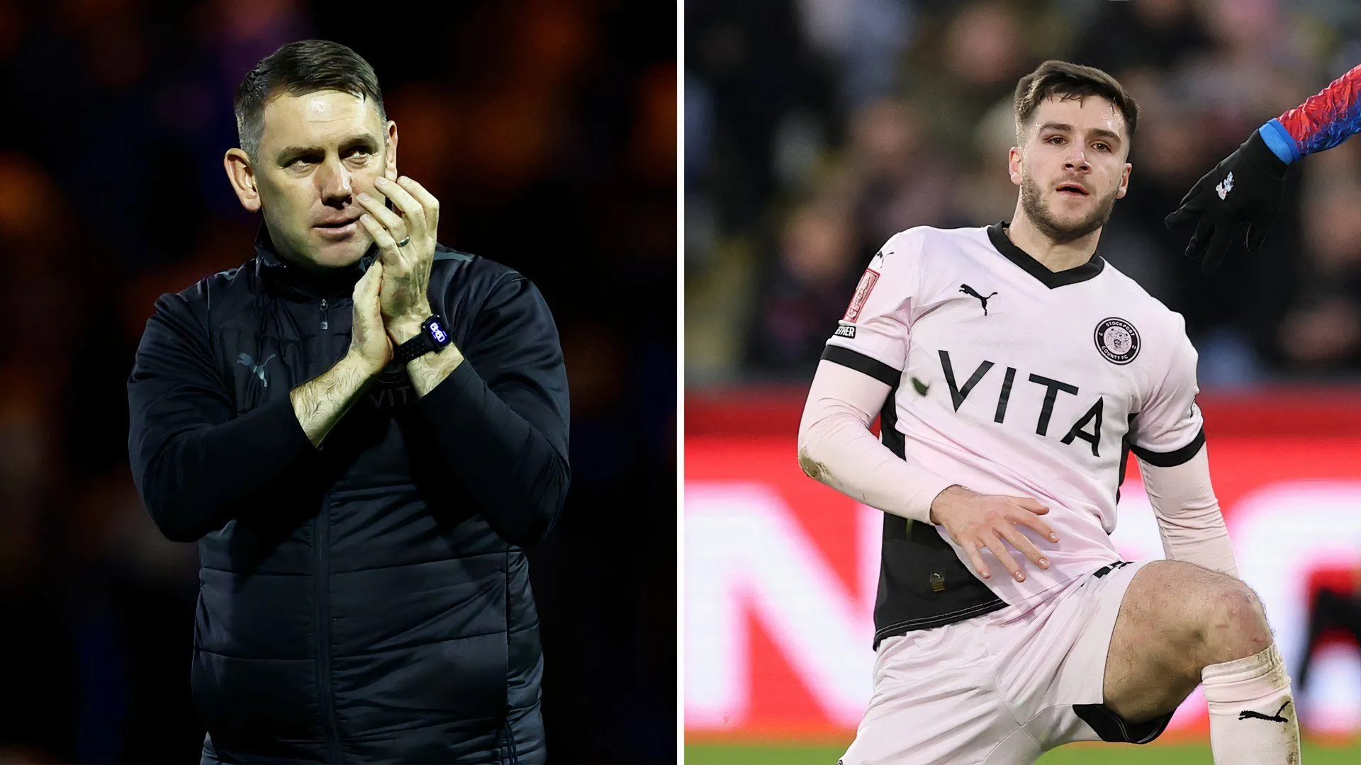 HLV Dave Challinor của Stockport County cùng cầu thủ Ethan Pye trên sân tập